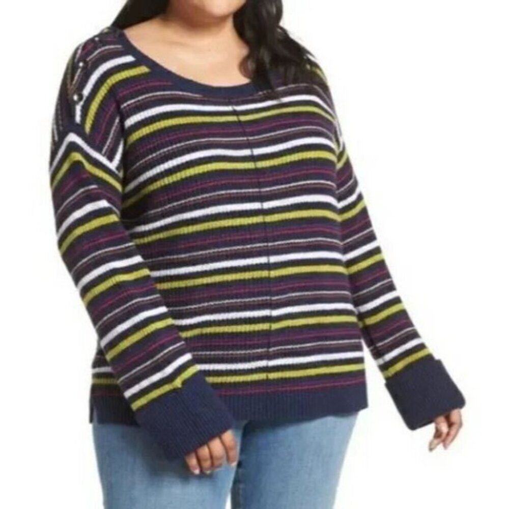 Caslon Sweater Womens 1X Navy Blue Multicolor Striped Button Detail Preppy